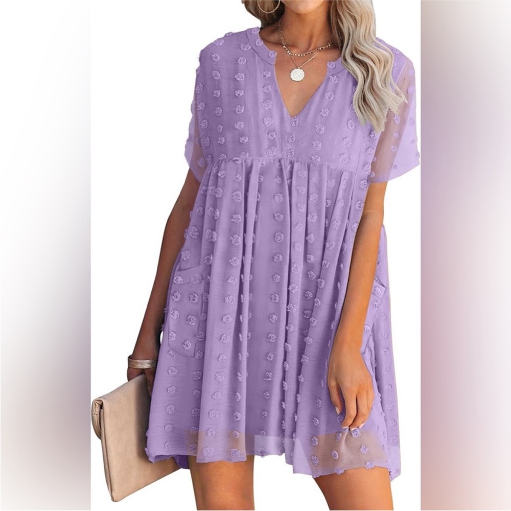 3/$25! NEW! MIHOLL Boutique Short Sleeve V-Neck Swiss Dot Babydoll Mini Dress - Picture 2 of 7